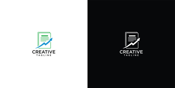 Creative logo symbolizing business growth and financial progress. Features a document icon integrated with an upward trending arrow chart, perfect for analytical reports and strategic planning