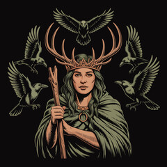 Fototapeta premium Woman wearing antlered headpiece with birds.