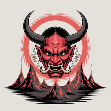 Red demon face with horns and tusks.
