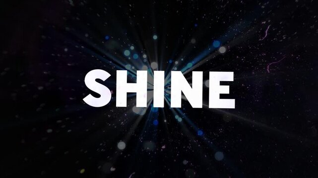 White bar sweeping, starting SHINE centering, radial burst pulsing, dots drifting, revealing logo
