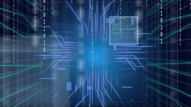 Central blue core pulsing, emitting magenta traces and tiles, streaming code and forming data hub