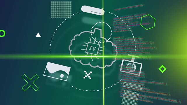 Gliding neon beam initiating AI cloud coalescing, attracting orbiting device icons for data sync