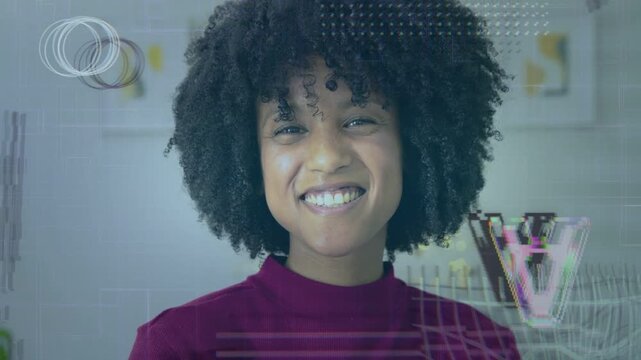 Adult woman holding gaze, camera zooming and concentric circles initiating smile in home tech demo