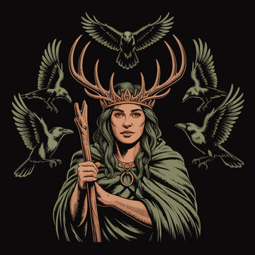 Woman wearing antlered headpiece with birds.