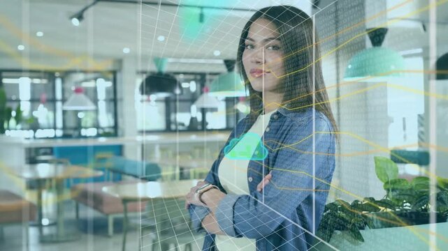 Woman by glass pane shifting gaze and smiling as green cloud holograms appearing guiding IT demo
