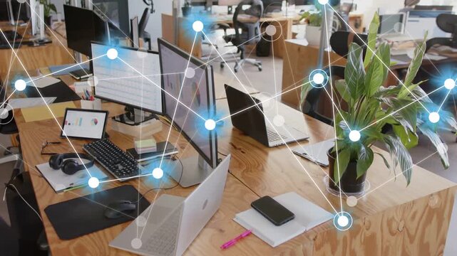 Left node appearing initiating network overlay, linking laptops and devices, showing desk links
