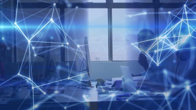 Office team typing and thinking, launching network lines sweeping, masking people for monitoring