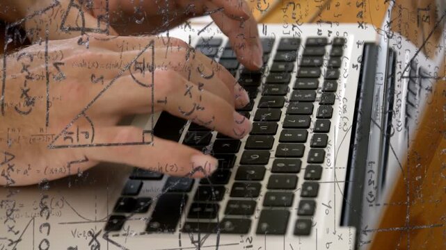 Hovering hands initiating typing on laptop keys, fingers shifting, transcribing equations
