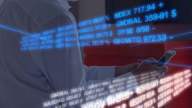 Man tapping phone screen and activating animated market tickers circling lounge, monitoring prices