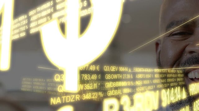 Mature man watching yellow financial tickers moving to camera, brightening and showing market gains