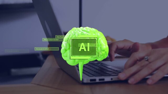 Hands typing starting neon AI brain appearing above laptop while HUD boxes sliding, showing help