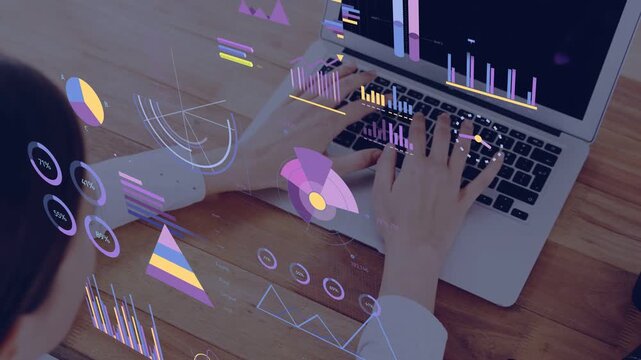 Female content creator typing on laptop initiating animated data HUD over hands with DSLR tab phone