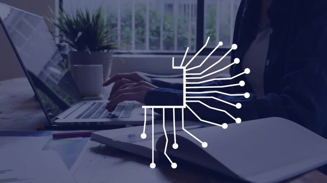Woman typing at laptop, keystrokes growing animated circuit overlay across screen illustrating tech