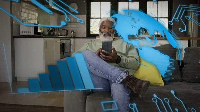 Man tapping phone at home sparking globe or lines morphing into finance chart tracking funds, smilin