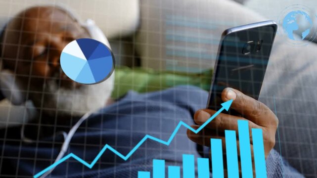 Man reclining on couch scrolling smartphone, HUD graphics appearing, showing rising finance charts