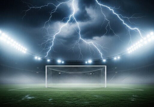Empty soccer stadium under dramatic lightning storm with bright floodlights illuminating the field