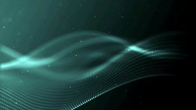 Teal glowing data surface with shimmering particles undulating in a dark digital space.