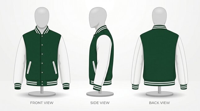 Blank varsity jacket template mockup on mannequin, showcasing green and white athletic apparel design for custom branding concepts