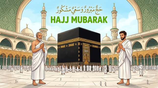 Pilgrims in white robes stand before the kaaba during hajj mubarak at mecca
