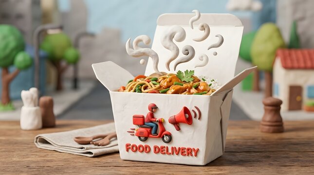 Claymation food delivery box with steaming noodles on a wooden table in a miniature city scene.