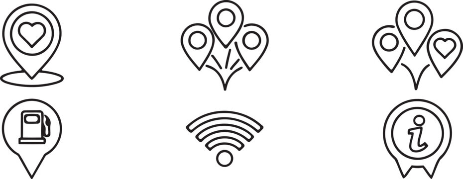 Location services icons set heart trees fuel wifi and information symbols