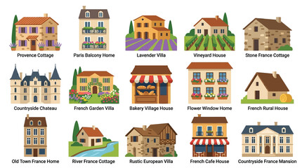 Obraz premium Collection of French-style houses and buildings, including cottages, villas, chateaus, and shops.