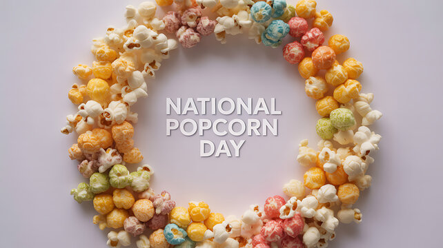 Colorful popcorn arranged in a circular pattern celebrating National Popcorn Day