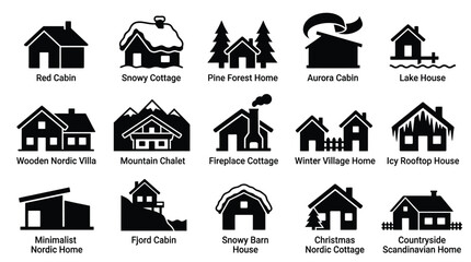 Collection of various house and cabin icons representing different architectural styles and settings. © GJ