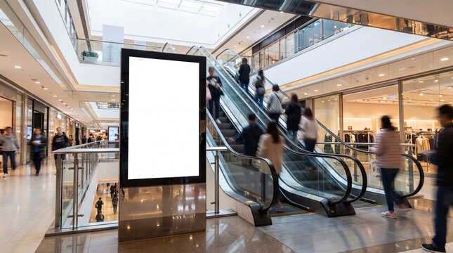 Blank digital advertising screen inside a busy shopping mall with escalators and shoppers in the background, mockup for your design