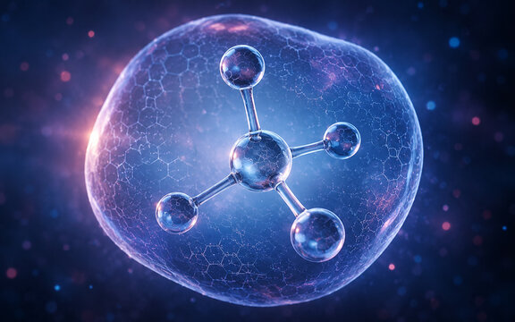 AI generated futuristic molecular structure inside glowing transparent bubble with scientific nanotechnology and biotech atmosphere in cosmic blue purple tones