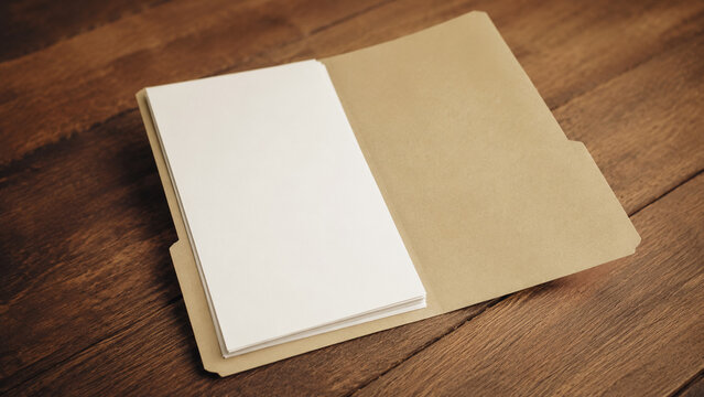 AI generated open folder with blank papers on wooden desk warm office document mockup template for business filing archive workspace and stationery themes