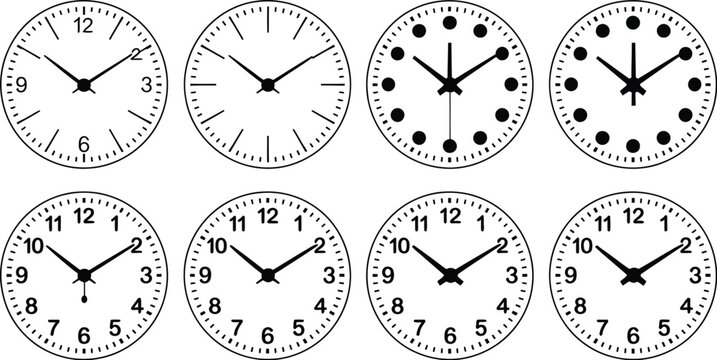 Collection of various analog clock face icons with different dials numbers and markers for time management and scheduling vector illustration.