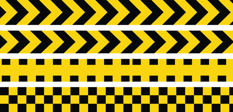 Set of yellow and black industrial warning tapes with chevron arrows and checkered patterns for construction safety and hazard boundaries.