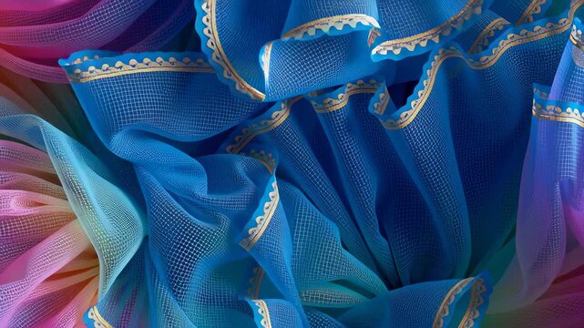 Rainbow ruffled fabric with gold trim