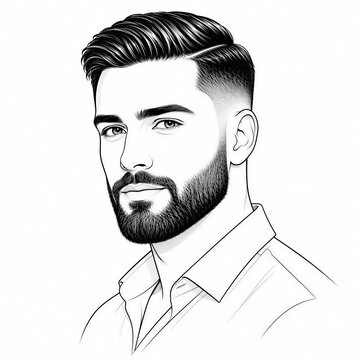 Minimal black and white vector line art illustration of a confident adult male face with a neatly groomed beard and clean fade haircut. Stylish three-quarter portrait with refined facial details
