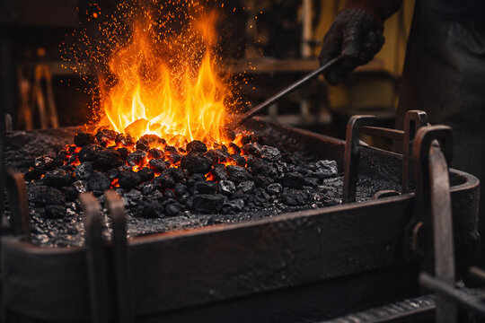 AI generated blacksmith forge with burning coal intense flames glowing sparks and industrial metalworking atmosphere inside traditional workshop