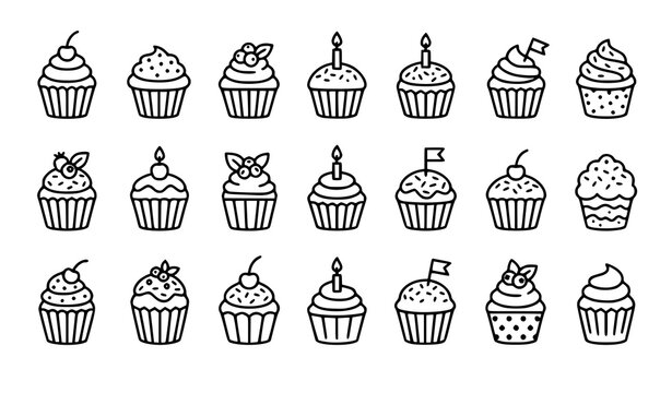 Modern cupcake icon collection with bakery dessert and confectionery outline vector art