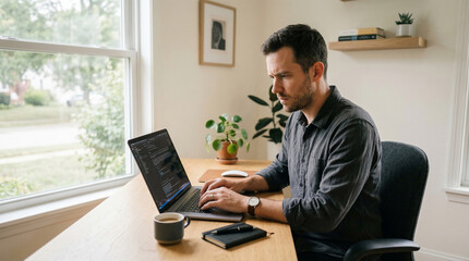 Fototapeta premium Focused Coding Session: A focused individual is deeply engrossed in their work at a desk, their eyes fixed on a laptop screen that displays complex code.
