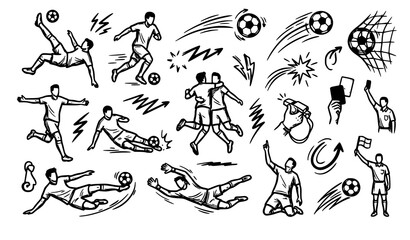 Modern soccer sketch icon collection with football action doodle and sports vector illustration © sobuj