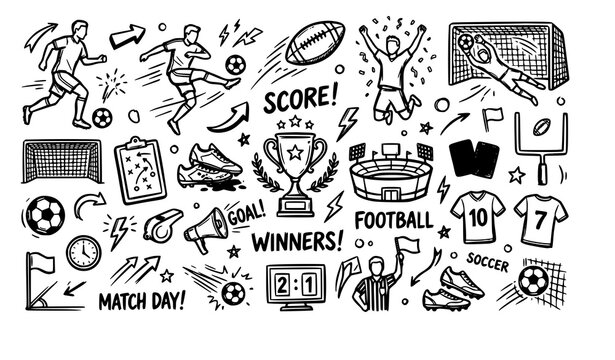 Trendy soccer football doodle vector bundle with sport sketch action and game icons