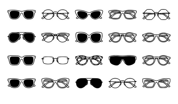 Eyeglasses vector set with sunglasses reading glasses and fashion eyewear outline icons