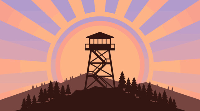 Retro illustration of a rustic fire lookout tower silhouetted against a vibrant sunrise over a misty forest mountain landscape
