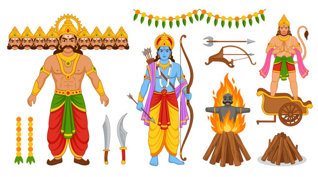 Happy Dussehra festival vector set featuring flat illustrations of mythology gods, ten headed demon king, monkey god, burning effigy, chariot, weapons, and floral garlands.