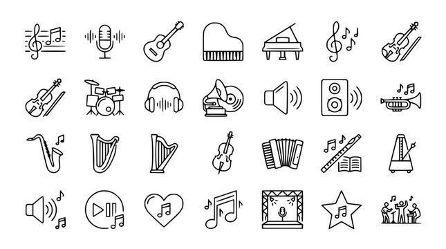 Music Icons Collection: Instruments, Sound, Performance, Notes - Line Art