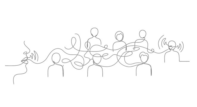 Continuous line drawing of communication flow between people, group discussion, ideas sharing