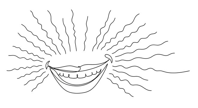 Joyful open mouth smile with radiating lines, single line drawing, happiness concept
