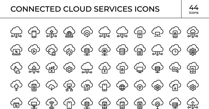 Connected cloud services icons set featuring data synchronization networking storage security and distributed computing elements for digital platforms