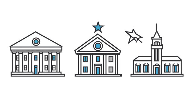 Three simple, line art illustrations of buildings, including a courthouse and town hall
