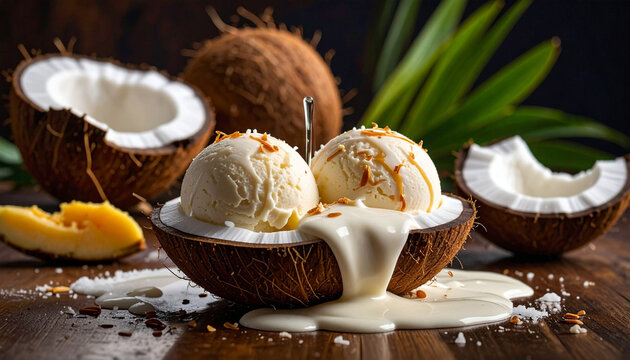 Creamy coconut ice cream scoop.