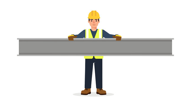 Construction worker holding a large steel beam with focused expression.